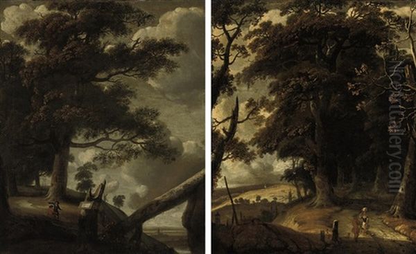 A Wooded Landscape With A Hunstman And His Dog On A Track (+ A Wooded Landscape With Peasants Conversing On A Track; Pair) Oil Painting by Jacques d' Arthois