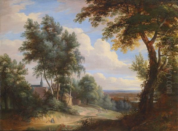 Hugelige Landschaft Mit Einem Dorf Zwischen Baumen Und Weitem Ausblick Oil Painting by Jacques d' Arthois