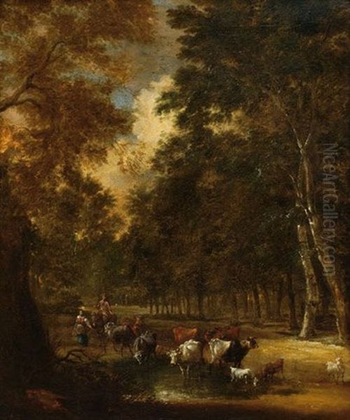 Two Figures With Cows In A Wooded Landscape Oil Painting by Jacques d' Arthois