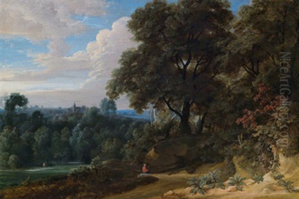 Bewaldete Hugelige Landschaft Mit Einem Rastenden Reisenden Und Einer Abtei Im Hintergrund Oil Painting by Jacques d' Arthois