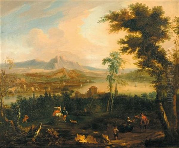 Extensive Capriccio Mountainous River Landscape With Figures In Foreground Oil Painting by Jacques d' Arthois