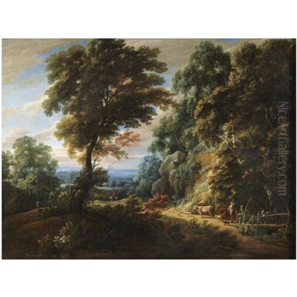 A Wooded Landscape With A Shepherdess Passing A Steep Bank (edge Of The Foret De Soignes?) Oil Painting by Jacques d' Arthois