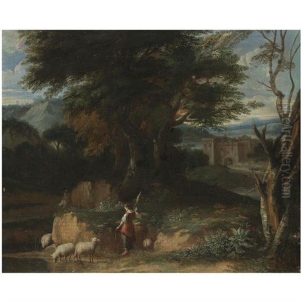 A Wooded Landscape With A Shepherdess Tending Her Flock, A Castle Beyond Oil Painting by Jacques d' Arthois