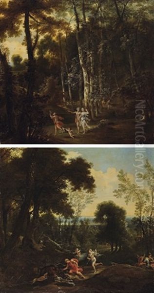 Meleager And Atalanta Leading The Hunt For The Caledonian Boar (+ Meleager Dealing The Death Blow To The Boar; Pair) Oil Painting by Jacques d' Arthois