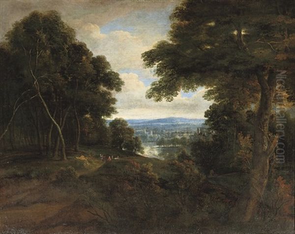 An Extensive Wooded Landscape With Travellers On A Path Oil Painting by Jacques d' Arthois