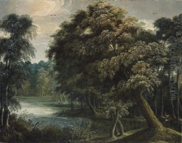 An Extensive Wooded River Landscape With A Hunter In The Foreground Oil Painting by Jacques d' Arthois