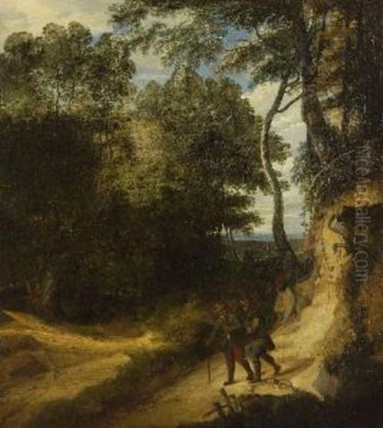 Baumlandschaft Mit Zwei Wanderern Oil Painting by Jacques d' Arthois