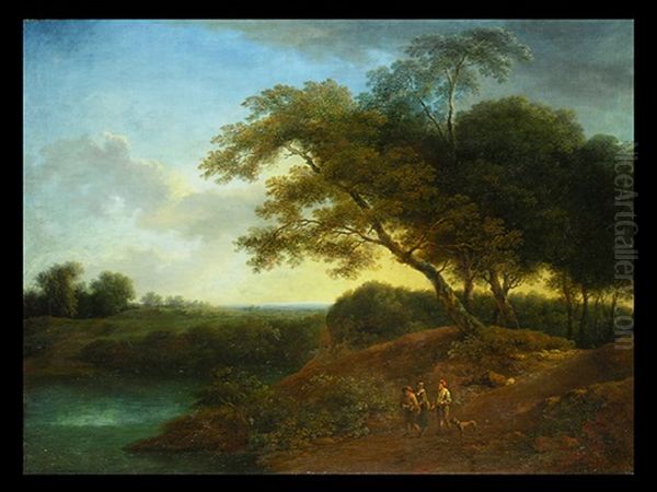 Landschaft Mit Weiher Und Drei Personen Mit Hund Oil Painting by Jacques d' Arthois