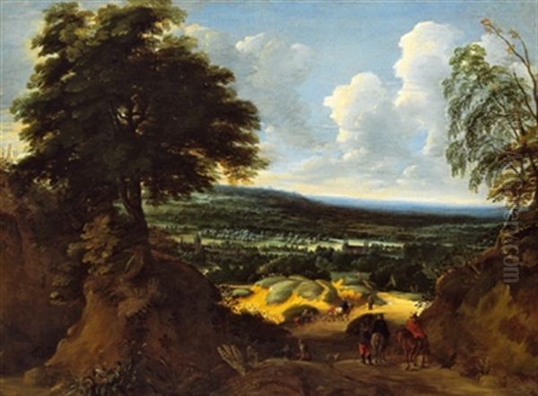 Blick In Den Foret De Soignes Bei Brussel Mit Einem Schloss Und Reitern Oil Painting by Jacques d' Arthois