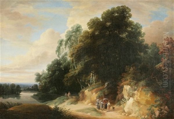 Lisiere De Foret Avec Voyageurs Et Chasseurs Oil Painting by Jacques d' Arthois