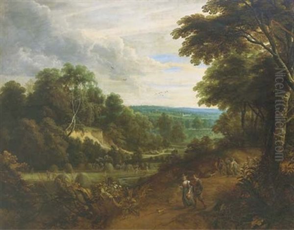 An Extensive Wooded Landscape With Peasants Haymaking And Returning From The Fields (collab. W/david Teniers Ii) Oil Painting by Jacques d' Arthois