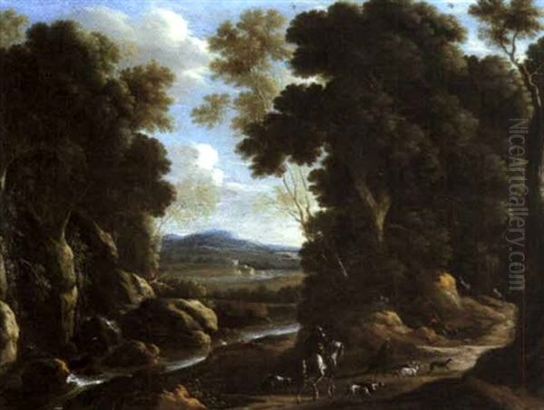 Paysage Boise Anime De Chasseurs by Jacques d' Arthois