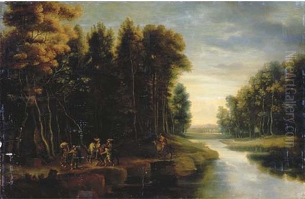 A Wooded River Landscape With Soldiers And Travellers On A Path Oil Painting by Jacques d' Arthois