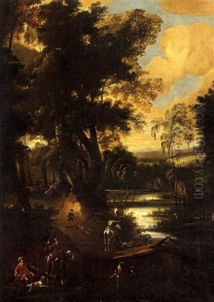 Vornehme Jagdegesellschaft Auf Waldweg, Im Hintergrund Weiher Oil Painting by Jacques d' Arthois