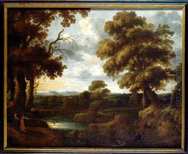 A Wooded River Landscape With Exotic Figures Gesturing And Shepherds, Mountains Beyond Oil Painting by Jacques d' Arthois