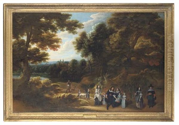 Group Portrait Of A Family In A Wooded Landscape With A Lake And Castle Beyond (collab. W/gillis Van Tilborgh) Oil Painting by Jacques d' Arthois