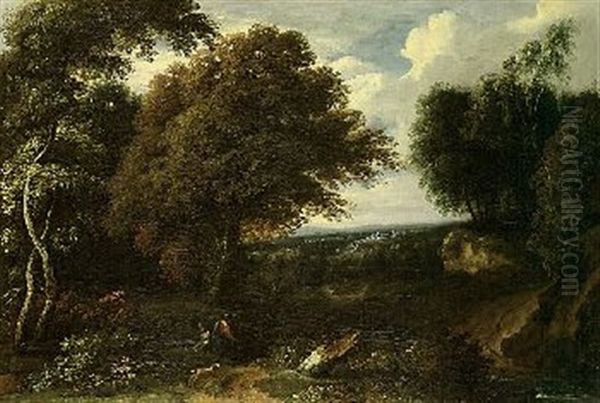 Waldweg Mit Zwei Spaziergangerinnen Nebst Hund Oil Painting by Jacques d' Arthois