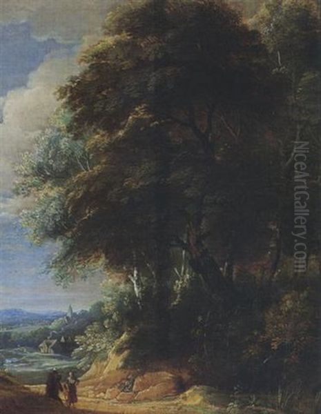 A Wooded Landscape With Two Travellers Conversing On A Path Oil Painting by Jacques d' Arthois