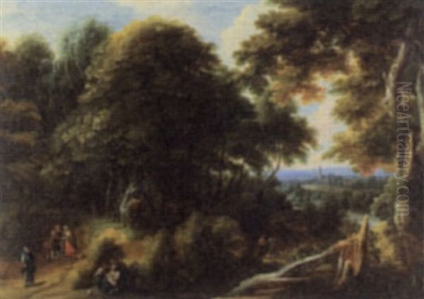 Extensive Landscape With Travelers And A Town In A Distance Oil Painting by Jacques d' Arthois