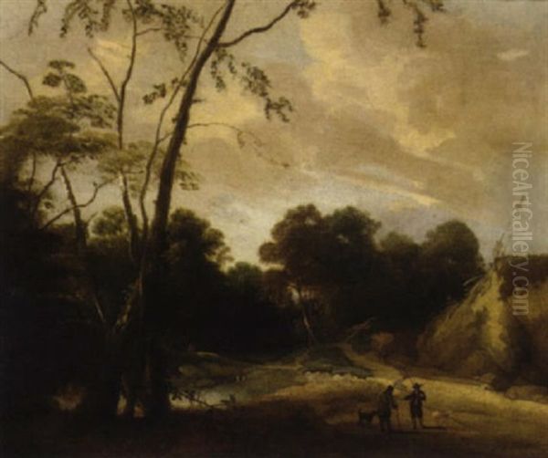 A Wooded River Landscape With Peasants Conversing On A Path Oil Painting by Jacques d' Arthois