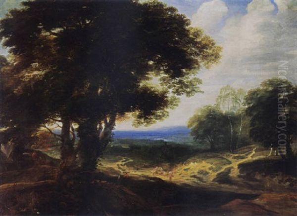 An Extensive Wooded Landscape With Travellers Resting On A Path And A Horse Drawn Cart On The Left Oil Painting by Jacques d' Arthois