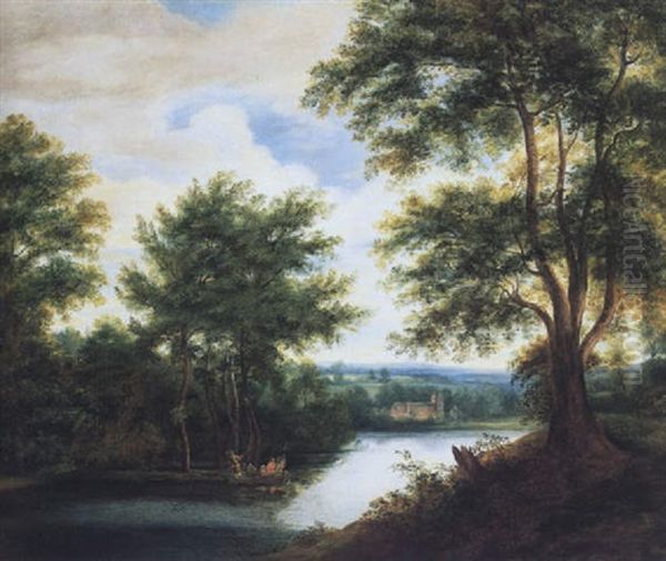 Flandrische Fluslandschaft Mit Kahnfahrern Oil Painting by Jacques d' Arthois