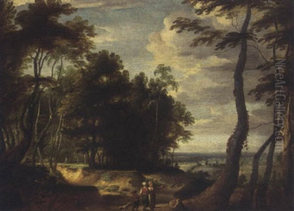 A Wooded Landscape With Peasants On A Path Oil Painting by Jacques d' Arthois