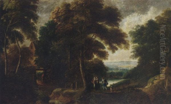 A Wooded River Landscape With Elegant Company On A Path, With A Cottage Beyond Oil Painting by Jacques d' Arthois