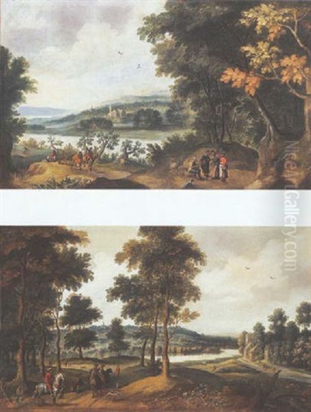 Paysage Boise Avec Des Chasseurs Au Bord D'une Riviere Oil Painting by Jacques d' Arthois