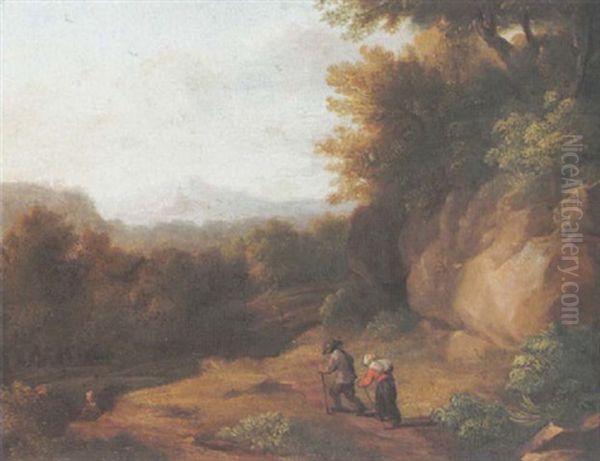 Travellers On A Path In A Wooded Landscape Oil Painting by Jacques d' Arthois