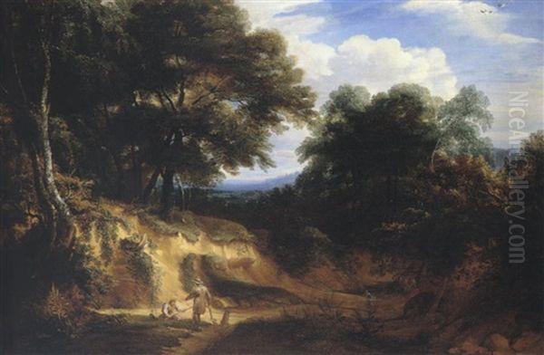 A Wooded Landscape With Huntsmen Resting In A Clearing By A Pond Oil Painting by Jacques d' Arthois