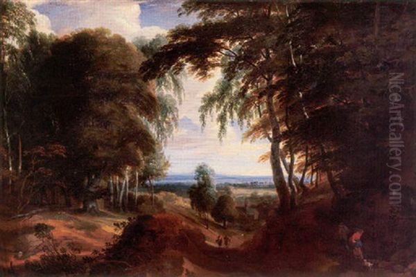 A View In The Zonien Wood Near Brussels With Travellers On A Country Path In The Foreground And The Abbey Of Zevenborren Beyond Oil Painting by Jacques d' Arthois