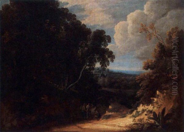 A Wooded Landscape With Peasants Resting On A Path by Jacques d' Arthois