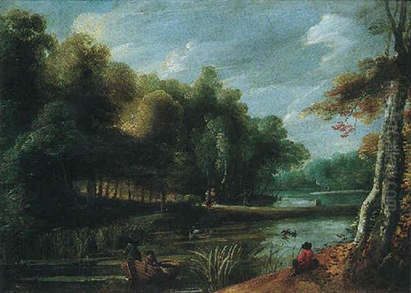 A Wooded River Landscape With Fishermen Oil Painting by Jacques d' Arthois