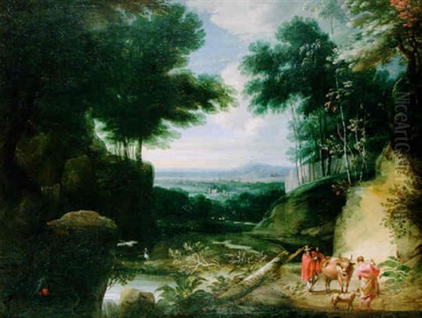 A Wooded Landscape With Figures And Farm Animals On A Track, And Herons By A Pond Oil Painting by Jacques d' Arthois