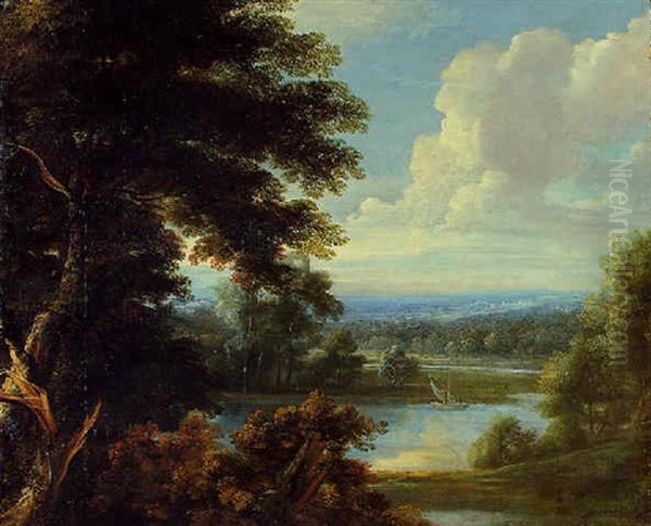 An Extensive Wooded River Landscape Oil Painting by Jacques d' Arthois