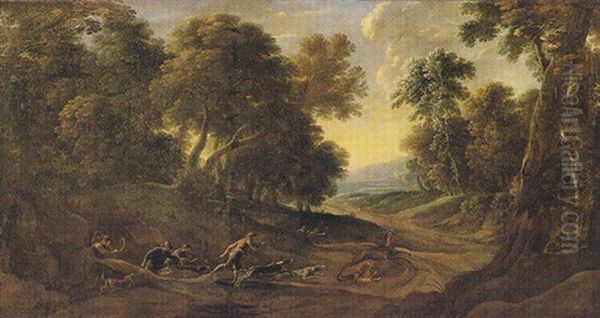 A Wooded Landscape With Figures And Hounds Hunting A Stag Oil Painting by Jacques d' Arthois