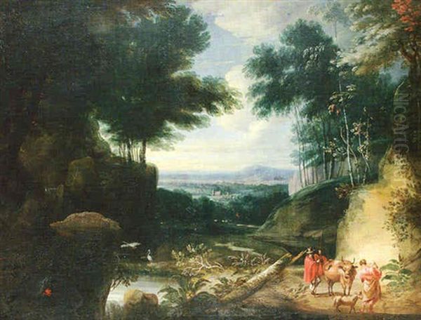 A Wooded Landscape With Figures And Farm Animals On A Track, And Herons By A Pond Oil Painting by Jacques d' Arthois