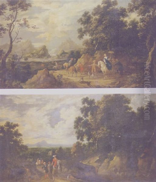 Extensive Mountainous Landscapes With Elegant Figures Hunting Oil Painting by Jacques d' Arthois