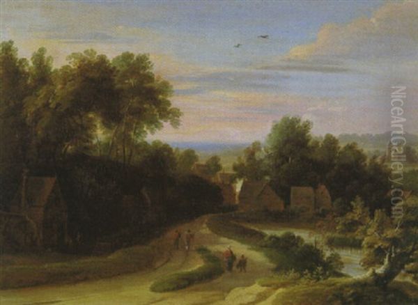 Flamisches Dorf Mit Einer Muhle Links, Bauern Auf Dem Weg Am Teich Vorn Und Bauernkaten Zwischen Baumen Oil Painting by Jacques d' Arthois