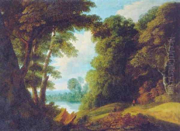 A Wooded Landscape With A Traveller On A Track By A Lake, In Summer Oil Painting by Jacques d' Arthois