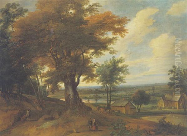 Extensive Landscape With A Sportsman And Other Figures At The Margin Of A Wood Oil Painting by Jacques d' Arthois