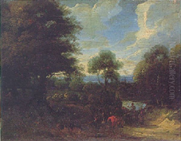 A Wooded Landscape With Travellers On A Country Path, A Lake And A Church Spire In The Distance Beyond Oil Painting by Jacques d' Arthois