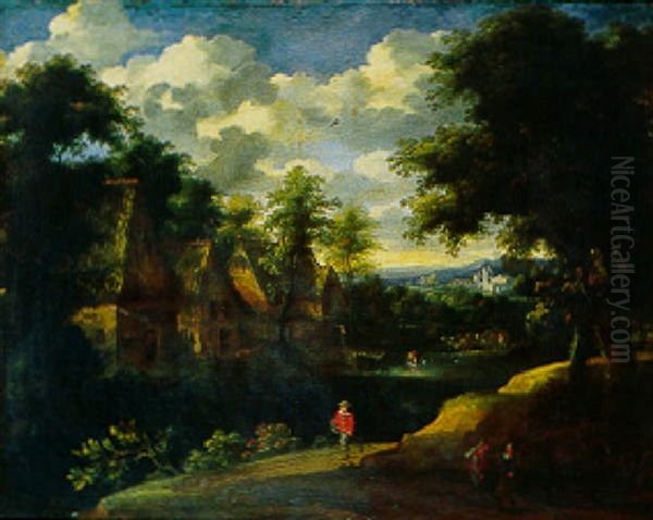 Paysage Boise Avec Personnages Et Troupeaux Pres D'un Village Au Bord De L'eau Oil Painting by Jacques d' Arthois