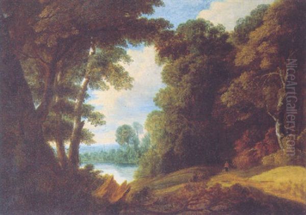 A Wooded Landscape In Summer With A Traveller On A Track By A Lake Oil Painting by Jacques d' Arthois