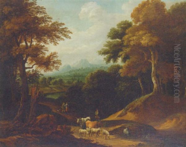 A Wooded Landscape With Drovers And Cattle On A Track Oil Painting by Jacques d' Arthois