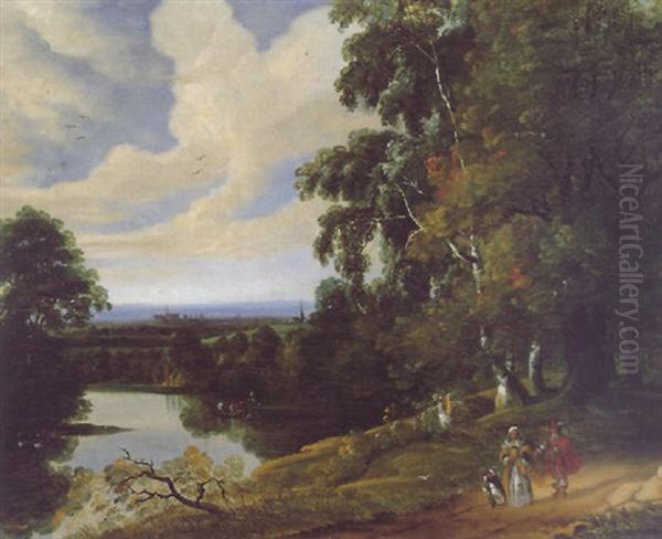 An Elegant Family Walking On A Country Path With A River And A Town In The Distance Beyond Oil Painting by Jacques d' Arthois