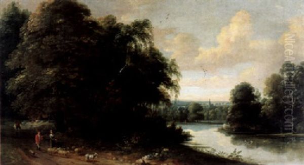 Weite Flusslandschaft Mit Bauern Und Schafherde Auf Einem Weg Oil Painting by Jacques d' Arthois