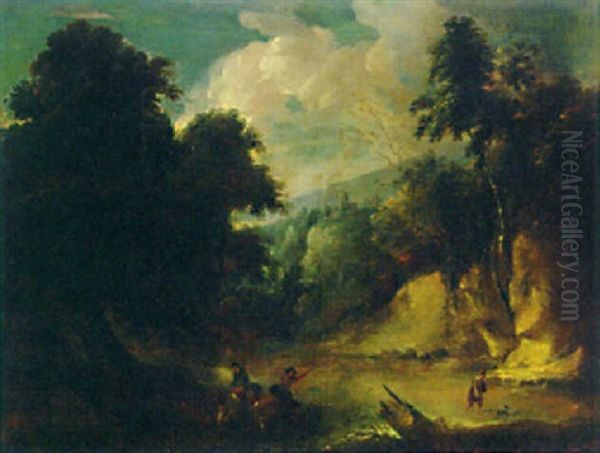 A Wooded Landscape With A Drovers Fording A River And A Boy With A Fishing Net Oil Painting by Jacques d' Arthois