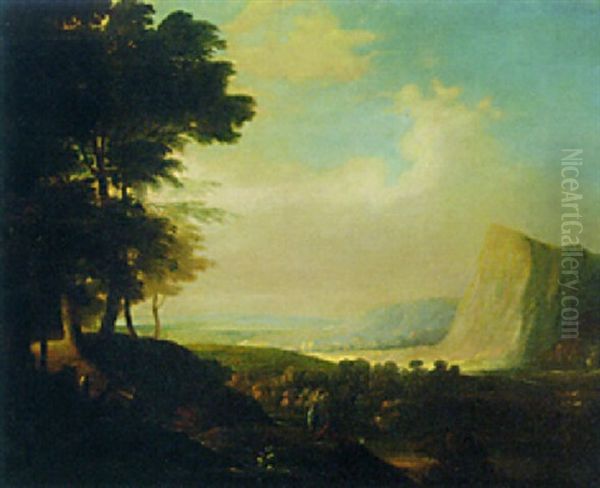 An Extensive Landscape With Travellers Resting On A Hillside Oil Painting by Jacques d' Arthois